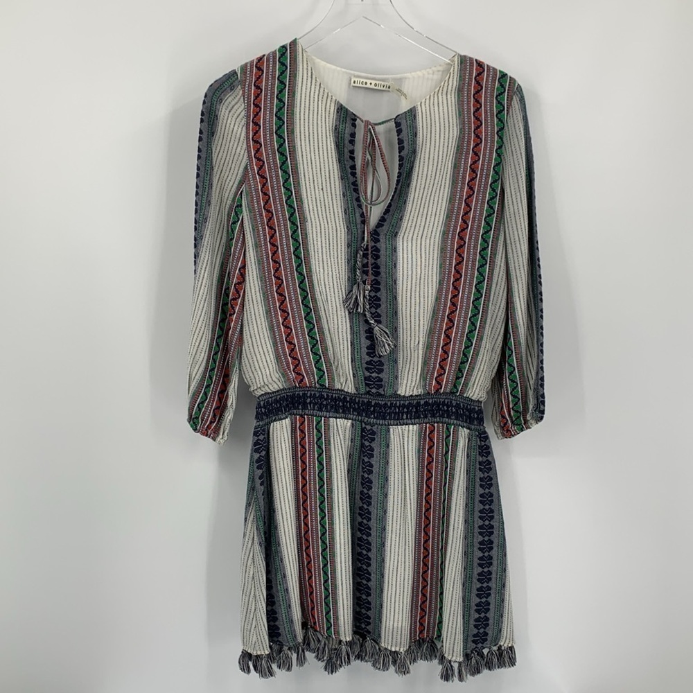 Alice+Olivia Nance smocked waist mini dress embroidery stripe tassel tie boho 6